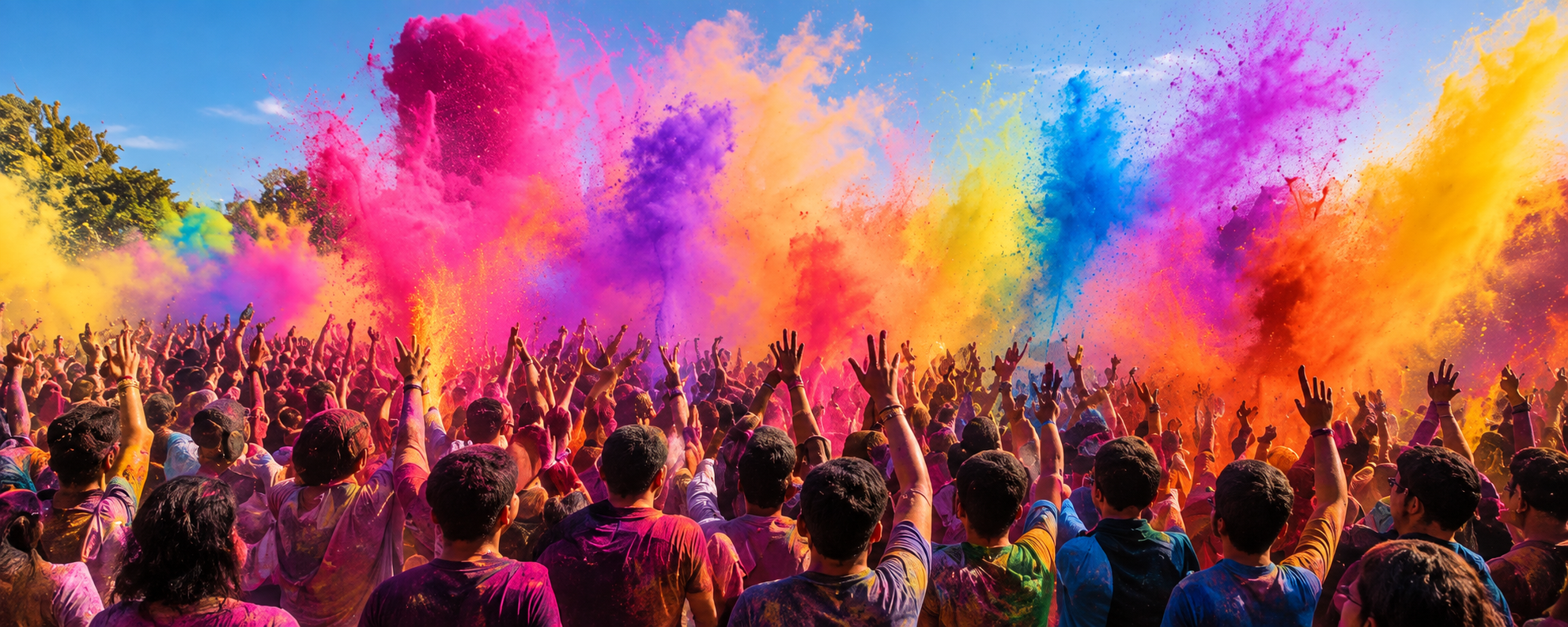 Crowd celebrating Holi surrounded by vibrant colours